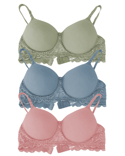 Lightly Padded Non Wired Bralette Bra Set (Pack of 3) (Peach, Blue, Green)
