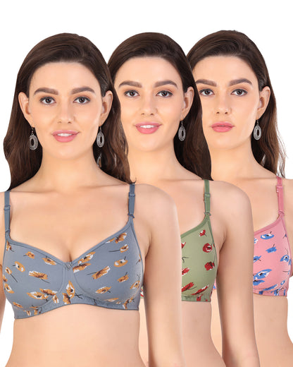 Arc de Shapes Women Cotton Blend Lightly Padded Non-Wired Full Coverage Everyday T-Shirt Bra with Detachable Straps (Pack of 3) - FREE GIFT INSIDE