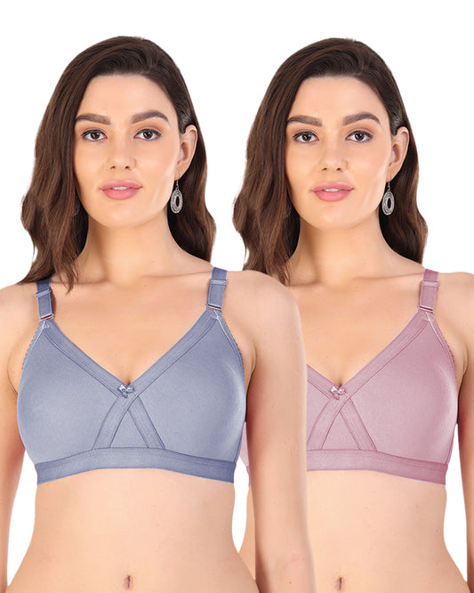 Arc de Shapes Women Cotton Blend Non Padded Non-Wired Full Coverage Multi Color Everyday Cross Fit Bra with Adjustable Straps (Pack of 2) - FREE GIFT INSIDE