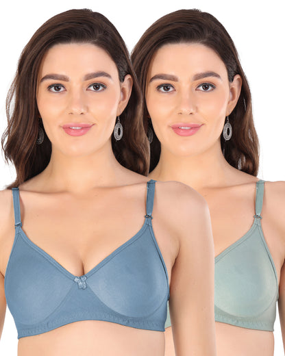 Arc de Shapes Women Cotton Blend Non Padded Non-Wired Full Coverage Blue Green Color Everyday T-Shirt Bra  (Pack of 2) - FREE GIFT INSIDE