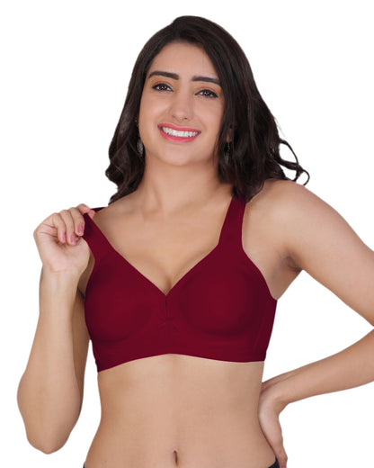 Arc de Shapes Women's Non-Padded Non-Wired Cotton Blend Bra – Moulded Cup with Adjustable Straps and Unique Stitching for Everyday Comfort Maroon - FREE GIFT INSIDE