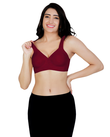 Arc de Shapes Women's Non-Padded Non-Wired Cotton Blend Bra – Moulded Cup with Adjustable Straps and Unique Stitching for Everyday Comfort Maroon - FREE GIFT INSIDE