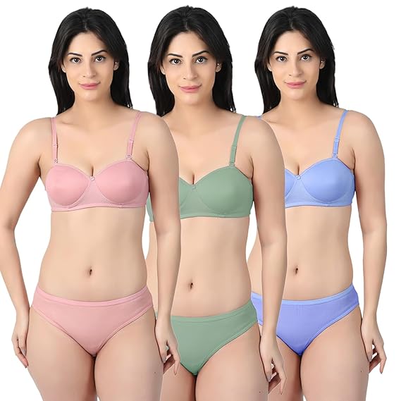 Demi cup bra panty set of 3 skin green blue