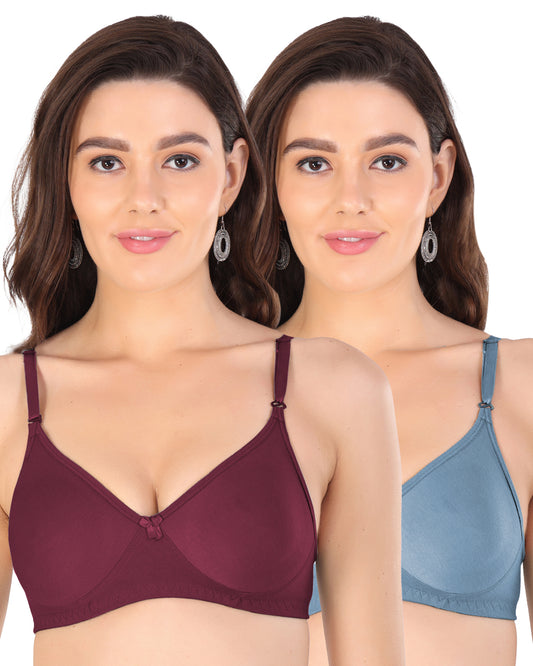 Arc de Shapes Women Cotton Blend Non Padded Non-Wired Full Coverage Blue Green Color Everyday T-Shirt Bra  (Pack of 2) - FREE GIFT INSIDE