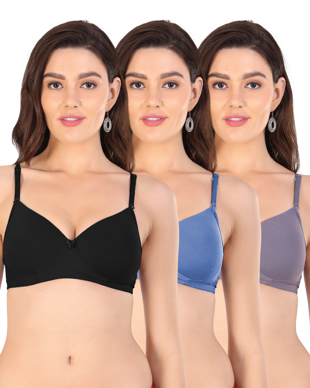 Arc de Shapes Women Cotton Blend Lightly Padded Non-Wired Full Coverage Multi Color Everyday Bra with Adjustable Straps (Pack of 3) - FREE GIFT INSIDE