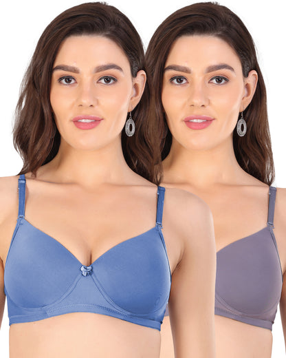 Arc de Shapes - Women Cotton Lycra Lightly Padded Non-Wired Full Coverage Multicolor Everyday T-Shirt Bra (Pack of 2) - FREE GIFT INSIDE