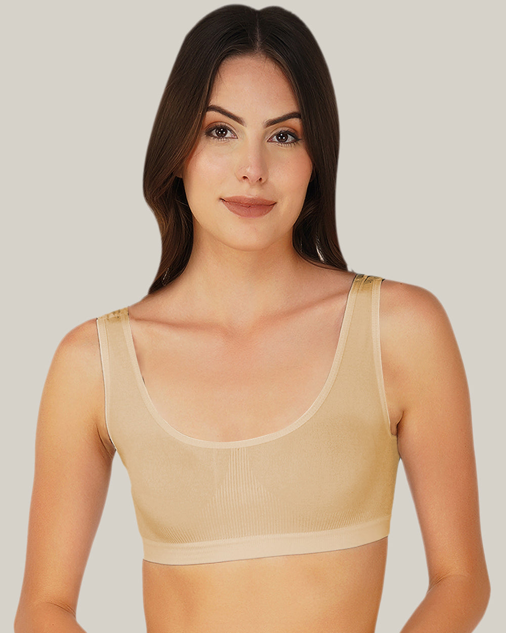 Wire Free Non Padded Beige Air Bra, breathable cotton blend fabric, a comfortable bra for sleeping, front view.