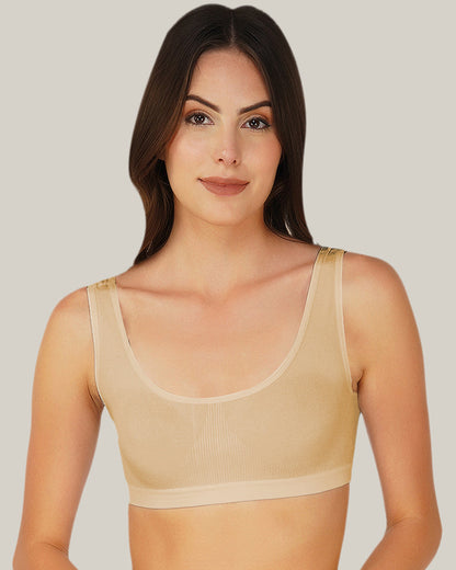 Wire Free Non Padded Beige Air Bra, breathable cotton blend fabric, a comfortable bra for sleeping, front view.