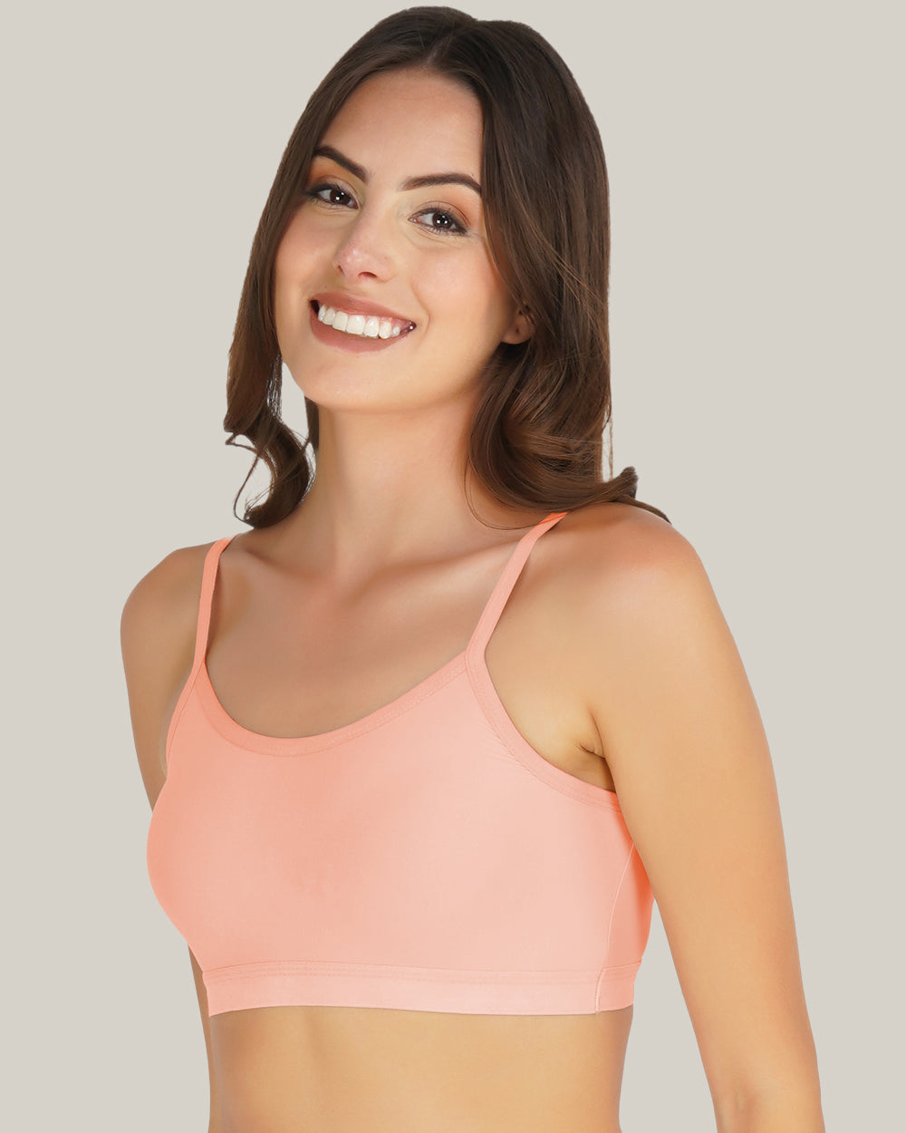 full coverage t-shirt non padded air sport bra peach left view