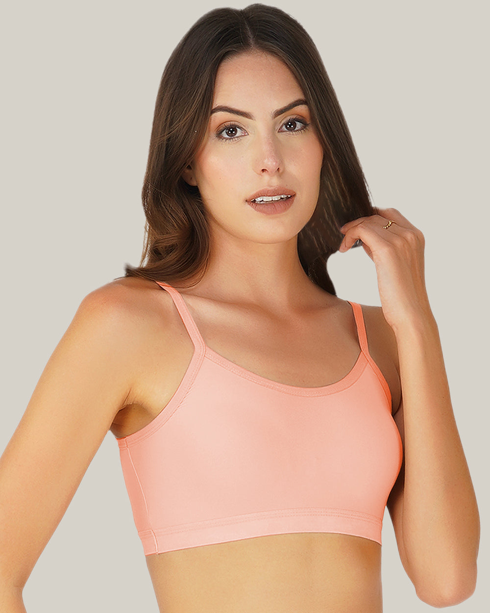 full coverage t-shirt non padded air sport bra peach right view